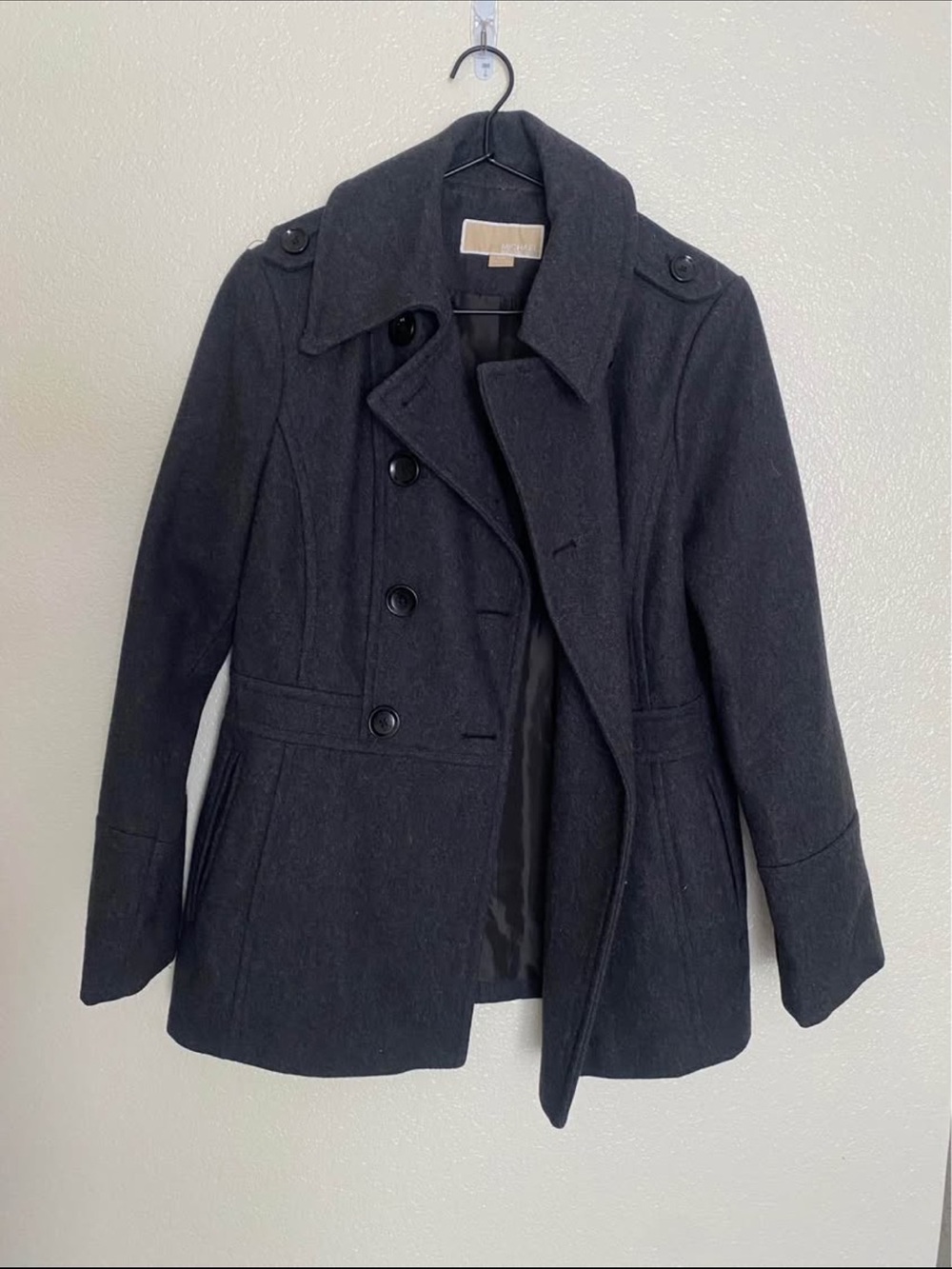 Women's Michael Kors Charcoal Double-Breasted Wool Blend Peacoat